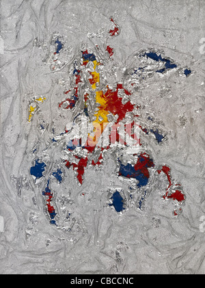 Tableau peint par moi, nommé 'Metallic' Peeling peeling, il montre une couverture métallique argenté rugueux sur dos multicolore Banque D'Images