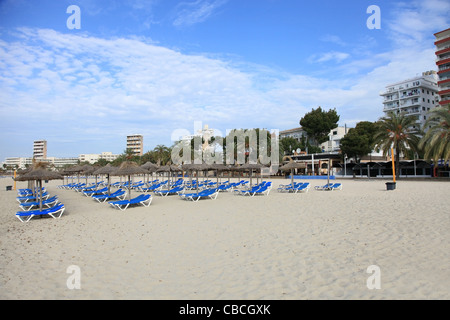 Le vide chaises longues à Magaluf à Mallorca, Espagne. Maguluf est connu pour sa vie nocturne torride Banque D'Images