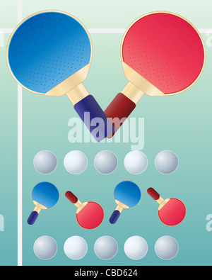 Une illustration de raquettes de tennis de table et boules sur un fond vert clair Banque D'Images