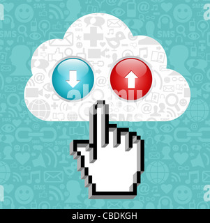 La flèche part cliquant sur un nuage avec des icônes de médias sociaux et des flèches vers le haut et le bas sur fond bleu. Fichier vecteur disponible. Banque D'Images