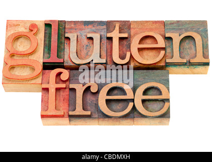 Gluten free diet concept - des mots isolés en bois blocs typographie vintage Banque D'Images