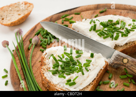 Les tranches de pain à grains entiers avec du fromage à la crème, vert ciboulette. Christine - et le sel sur une planche à découper en bois Banque D'Images