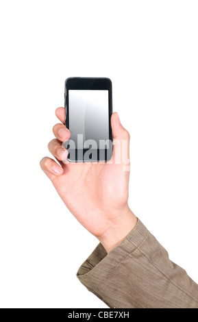 Businessman holding son téléphone portable sur le cloud Banque D'Images