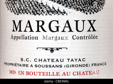 Gros plan d'une bouteille de Château Tayac Margaux Bordeaux 2007 Banque D'Images