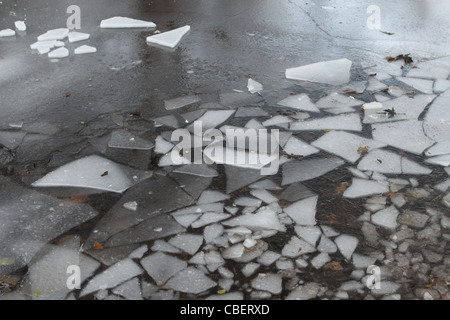 Briser la glace sur un ruisseau gelé partiellement à Minneapolis, Minnesota. Banque D'Images