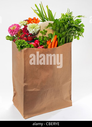 Sac d'épicerie en papier brun avec des fruits et légumes Banque D'Images