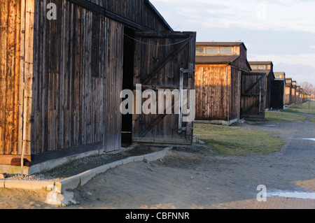 Baraques en bois à Auschwitz Berkenhau II camp de concentration, chacun conçu pour contenir 550 prisonniers, mais en réalité installé plus de 1 000 détenus. Banque D'Images