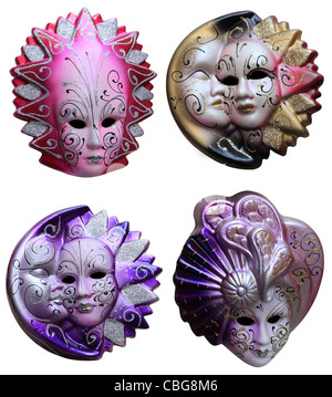 Collage de quatre masques vénitiens colorés isolé sur un fond blanc. Banque D'Images