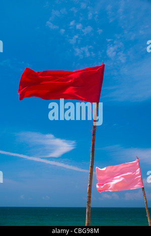 Des drapeaux colorés flottant au vent sur une plage Banque D'Images