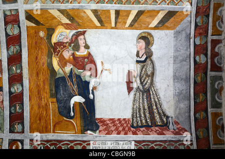 Saint-Sébastien reçoit des Spurs de l'empereur romain Dioclétien, Fresco ou peinture murale dans la chapelle Saint-Sébastien (1513) Roubion, Alpes-Maritimes France Banque D'Images