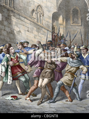 Tentative d'assassinat du Roi Ferdinand II d'Aragon à Barcelone le 18 octobre 1492 un vassal remença. La Catalogne. L'Espagne. Banque D'Images