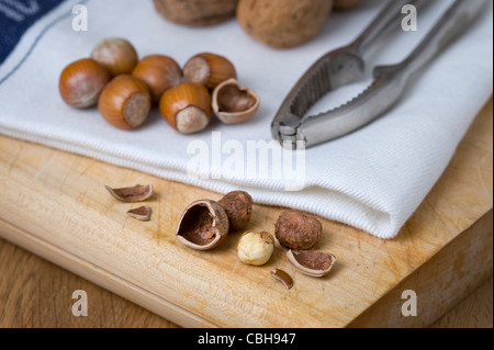 Les noisettes et les noix sur une planche à découper à l'aide de l'écrou de craquelins et de noix Banque D'Images