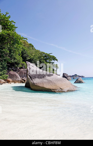 Scène de plage de sable tropicales d'arbres et de roches sur Miang, les îles Similan, Phang-Nga, près de Phuket, Thaïlande Banque D'Images