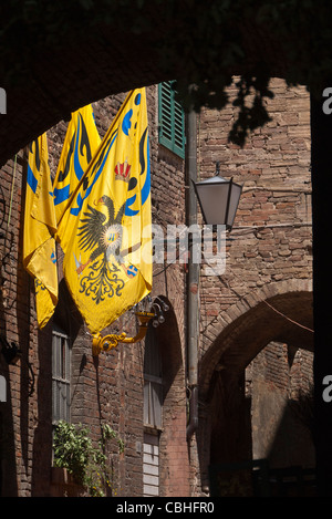 Les drapeaux jaune et bleu avec un retour des bannières et aigle bicéphale sont sur l'affichage à Sienne, Italie représentant un via. Banque D'Images