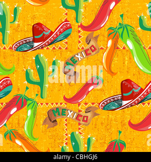 Motif mexicain avec cactus, hat and chill illustration over grunge background. Utile pour la conception de menus. Banque D'Images