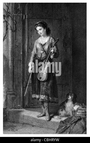 Illustrations de la femme de chambre de jeune fille de Perth instrument violon violon animal chien femme dame porte costume porte Banque D'Images