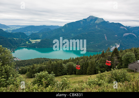 Vue depuis Zwolferhorn sur Wolfgangsee avec voiture de câbles en Autriche Banque D'Images