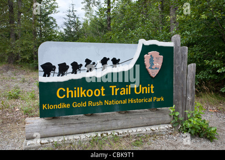 Repère de départ de la piste Chilkoot. Klondike Gold Rush National Historical Park. Dyea. Près de Skagway. De l'Alaska. USA Banque D'Images