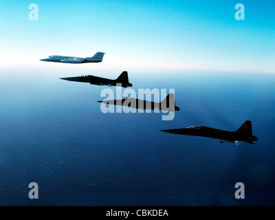 Trois F-5E Tiger II voler en formation avec un Learjet 25. Banque D'Images