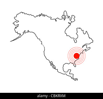 Tremblement de terre en Amérique du Nord, la carte du continent on white Banque D'Images