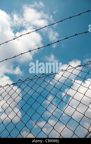 Clôture en fil barbelé contre un ciel bleu avec des nuages Banque D'Images