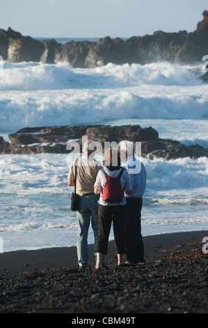 Trois personnes regardant les vagues à Charco de los Clicos également connu sous le nom de Laguna Verde (lagune verte), à El golfo, Lanzarote, îles Canaries, Espagne. C'est un volcan ancien dans le bord de mer qui a gardé seulement la moitié intérieure, le lagon étant situé à la section du cratère non réapprovisionné par le sable volcanique noir de la plage. Banque D'Images