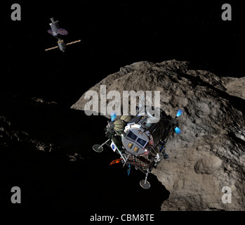 Un service d'astéroïde Lander descend vers la surface d'un peuple ancien de l'astéroïde. Banque D'Images