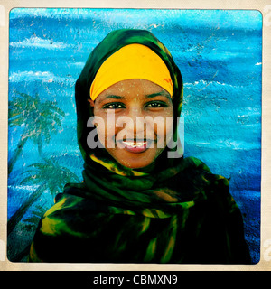 Portrait Of Cute Black Veiled Woman Wearing Qasil sur son visage Berbera Somaliland Banque D'Images