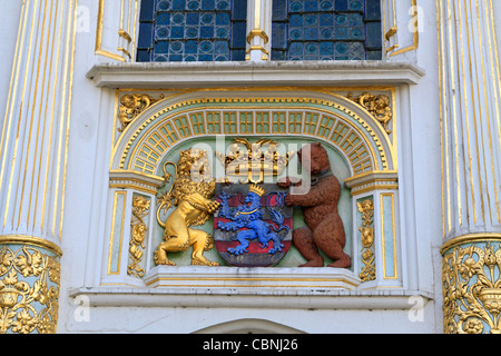 Détail de la façade de la chancellerie, ou vieille maison enregistreurs, Bruges, Belgique. Banque D'Images