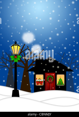 Chambre et un lampadaire avec décoration de Noël en hiver neige Paysage Scène Illustration Banque D'Images