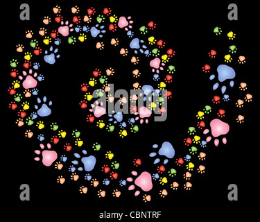 Une illustration d'une spirale d'empreintes de différentes couleurs sur un fond noir Banque D'Images
