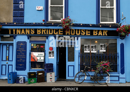 Vue frontale/tynans bar bridge house kilkenny Irlande pub établissements titulaires d'attraction bleu vélo panier de fleurs Banque D'Images