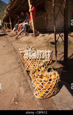 L'Inde, de l'Arunachal Pradesh, Kabang, village des oranges pour la vente dans des paniers faits à la main pour passer les passagers de taxi de Sumo Banque D'Images