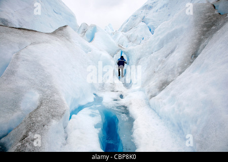 Homme de grimper sur le glacier Perito Moreno. Le Parc National Los Glaciares, El Calafate, province de Santa Cruz. La Patagonie. L'Argentine. Banque D'Images