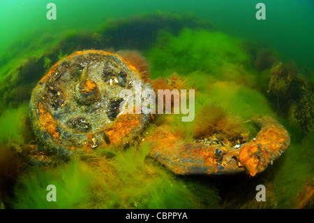 Munitions, cartouches, balles, épave sous-marine - chalutier mine Collective 'paysan', submergée par la mer Noire en Ukraine. Banque D'Images