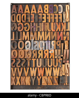 Typographie vintage bois blocs sur un plateau de métal - l'ensemble de l'alphabet anglais avec symboles et signes de ponctuation en double Banque D'Images