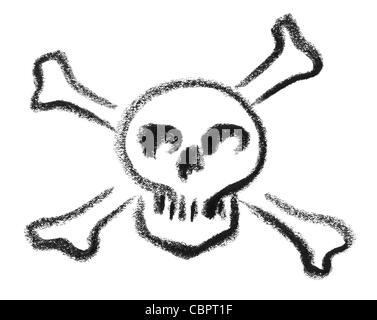 Crâne peint crayon avec des os croisés comme un symbole de danger à dos blanc Banque D'Images