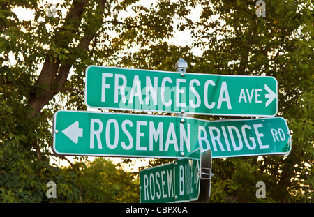 L'Iowa Winterset accueil des ponts de Madison County, ponts, signe, Francesca, Roseman Bridge, film, Banque D'Images