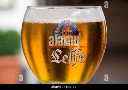 Close up of a horizontal Leffe blonde bière dans un gobelet en verre de forme traditionnelle. Banque D'Images