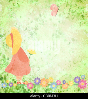 Fille en robe rose et chapeau jaune avec des fleurs et papillon sur green grunge background Banque D'Images