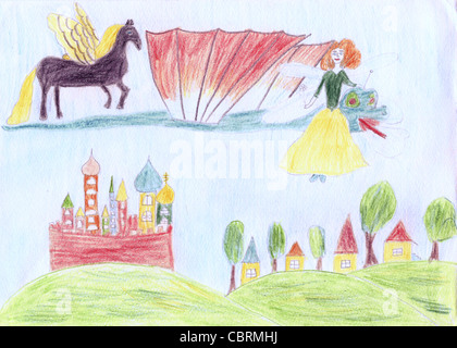 Enfant dessiner crayons illustration avec flying dragon, cheval, conte de au-dessus du sol avec arbres, maisons et château coloré Banque D'Images