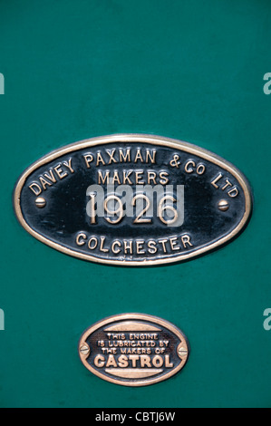 Logo du fabricant du moteur Paxman Davey & Co, Romney, Hythe et Dymchurch Railway, Dungeness, Kent, UK Banque D'Images