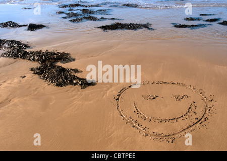 Une icône d'émoticône inscrit sur la plage avec des vagues dans l'arrière-plan par une chaude journée ensoleillée Banque D'Images