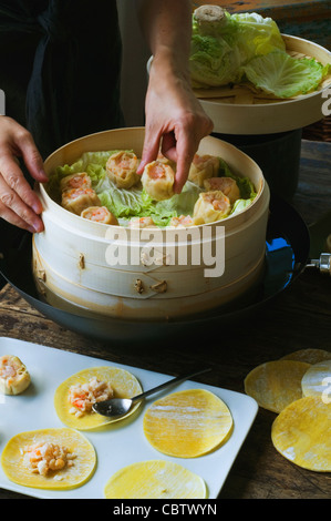 Mettre des boulettes en Asie avec du chou vapeur Banque D'Images