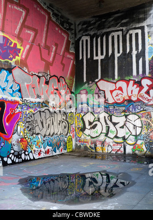 Grafitti-terrain sur la rive sud, Londres- reflet dans une flaque d'eau Banque D'Images