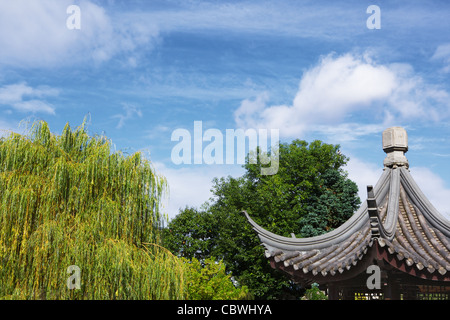 Le sommet d'un toit pagode chinoise avec un fond d'arbres et ciel bleu Banque D'Images