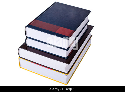 Livre ouvert sur la pile isolé sur fond blanc Banque D'Images