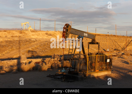 Pompes à huile sur les puits de pétrole sur le champ pétrolifère de Midway-Sunset près de Taft, Californie à l'aube. Banque D'Images