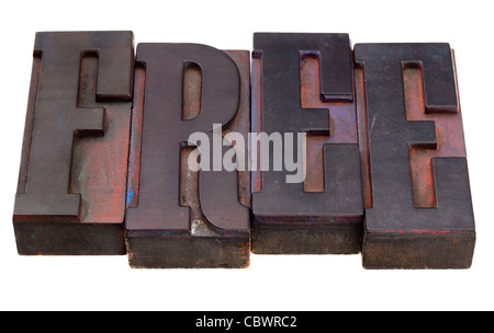 Mot libre dans la typographie des meubles anciens en blocs, tachés par les encres de couleur, isolated on white Banque D'Images