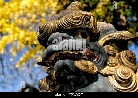 NARITA, Japon — une statue de lion en bois finement sculptée au temple Naritasan Shinshoji, également connu sous le nom de Shinsho-Ji. Cette figure ornée, représentant un gardien du temple, met en valeur l'artisanat exquis et le riche symbolisme trouvés dans cet ancien complexe bouddhiste Shingon, établi en 940 après JC dans la ville de Narita. Banque D'Images